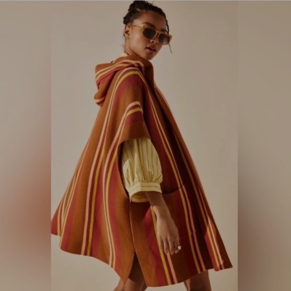 Free People All I Need Striped Poncho Bohemian Hoodie Brown Beachy Oversized XL - Picture 2 of 11